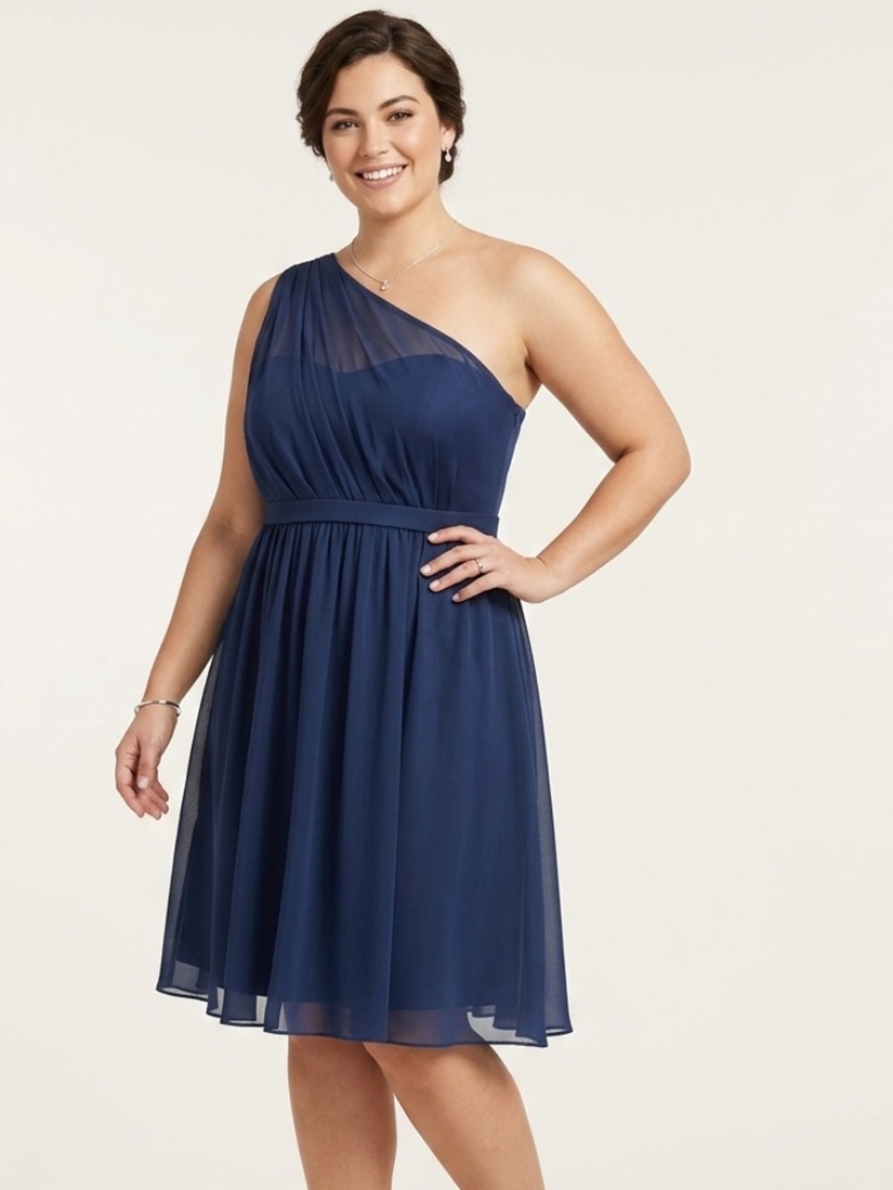 David’s Bridal Marine Chiffon One Shoulder Dress Sz 12 Illusion Mesh GownWedding